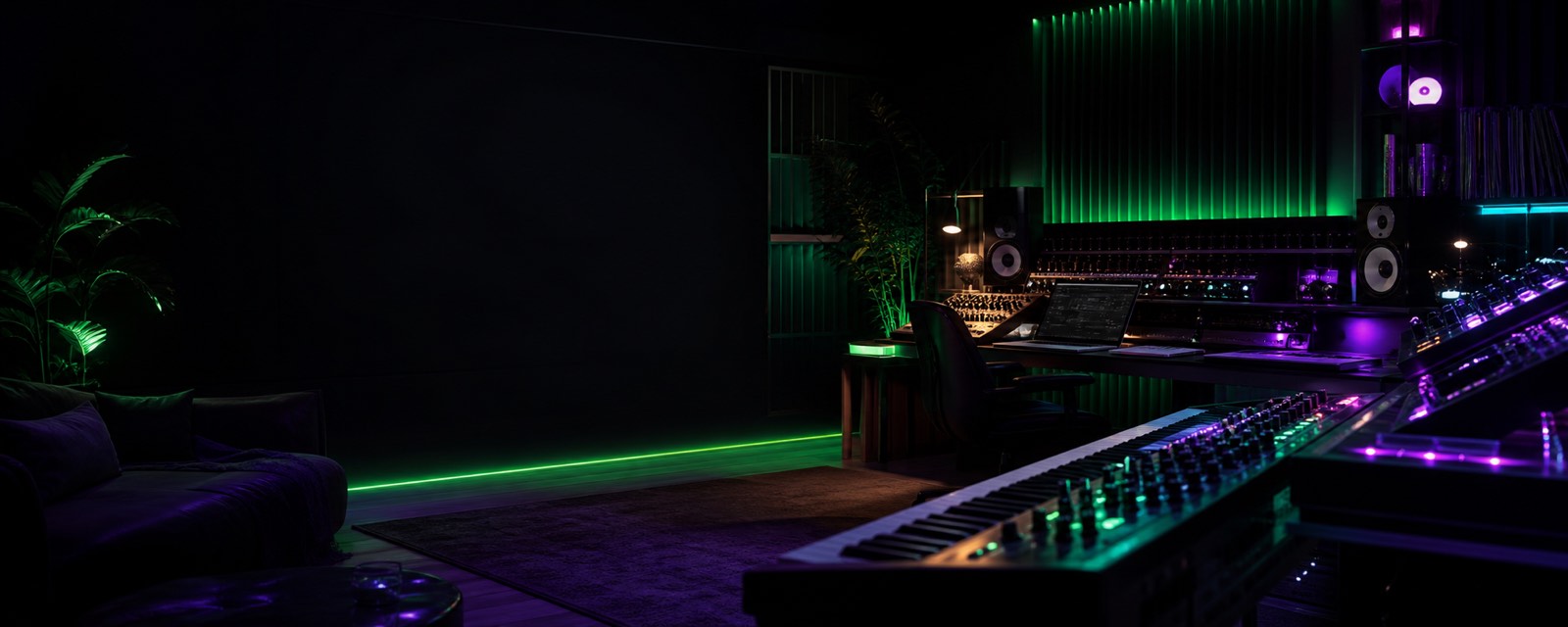 A dark electronic music studio lit with green, violet, and cyan neon.